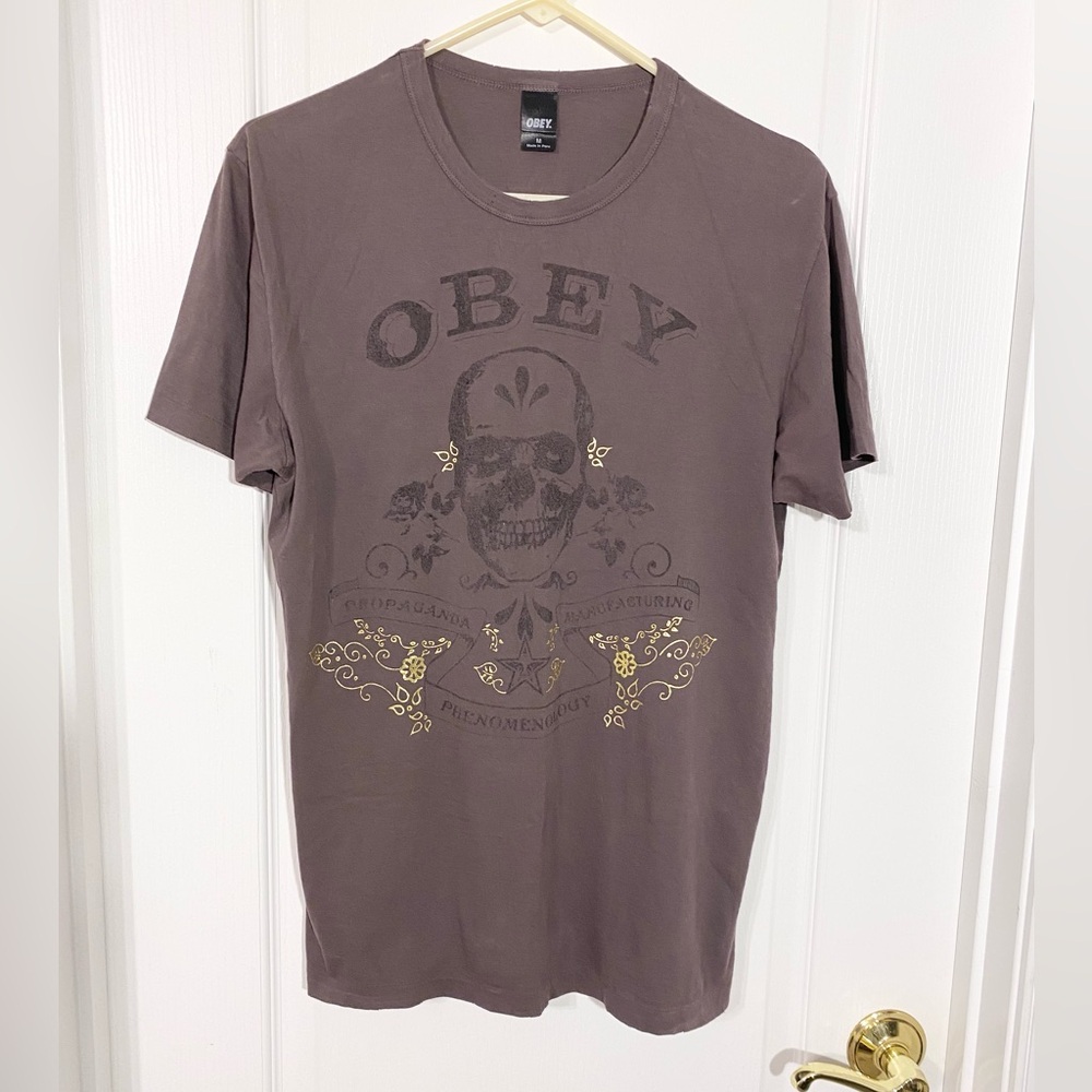 Y2K Obey Skull Gold Foil Graphic Peruvian Pima Cotton Tee Gray Men’s Medium